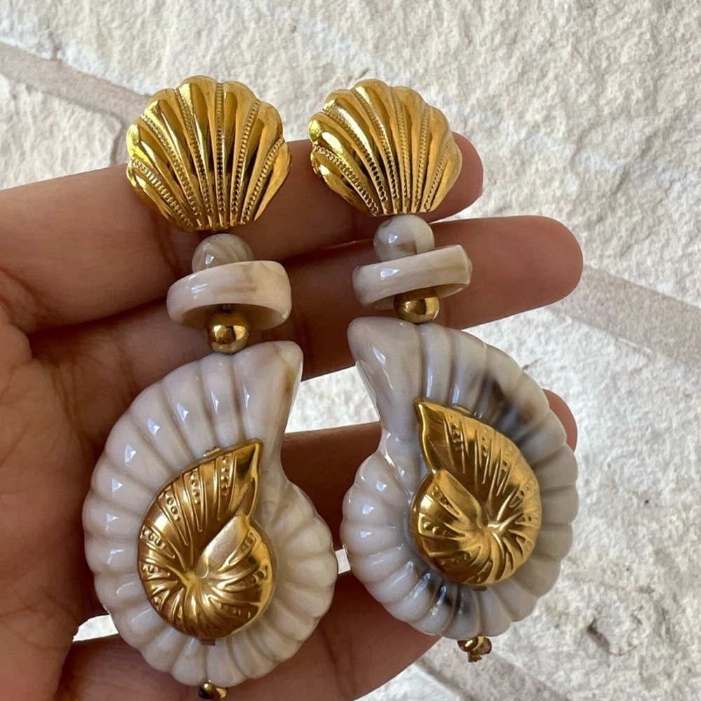 Anthropology Gold & Cream Seashell Statement Drop Earrings - Women’s Jewelry